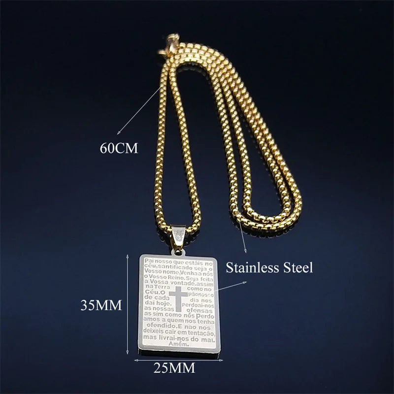 Chrisitian Cross Bible Verse Prayer Necklace Stainless Steel Portuguese Religious Necklaces Jewelry collar hombre N2035S02